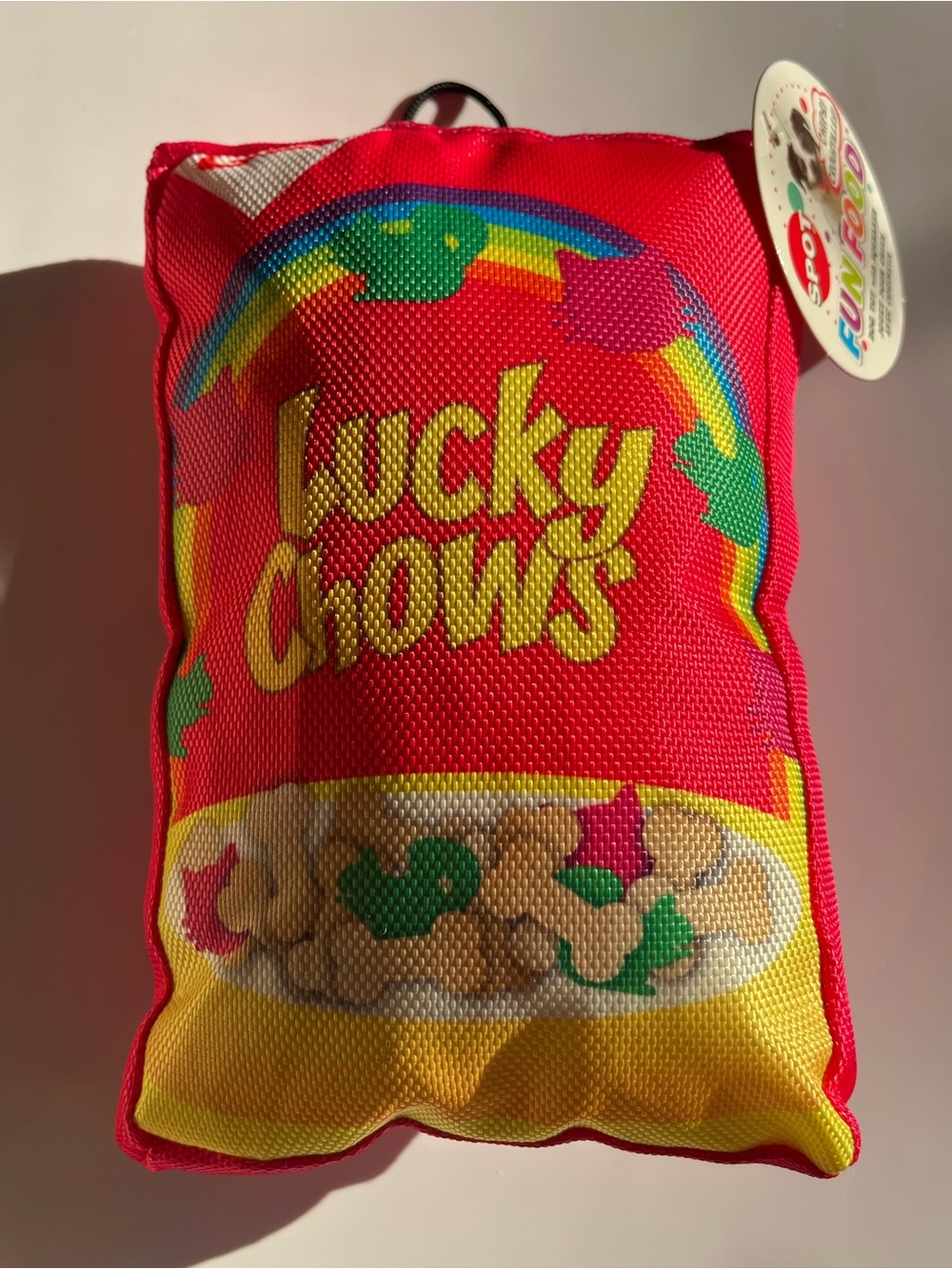 “Lucky Chows” Cereal (play on Lucky Charms) Plush Dog Toy w Squeaker